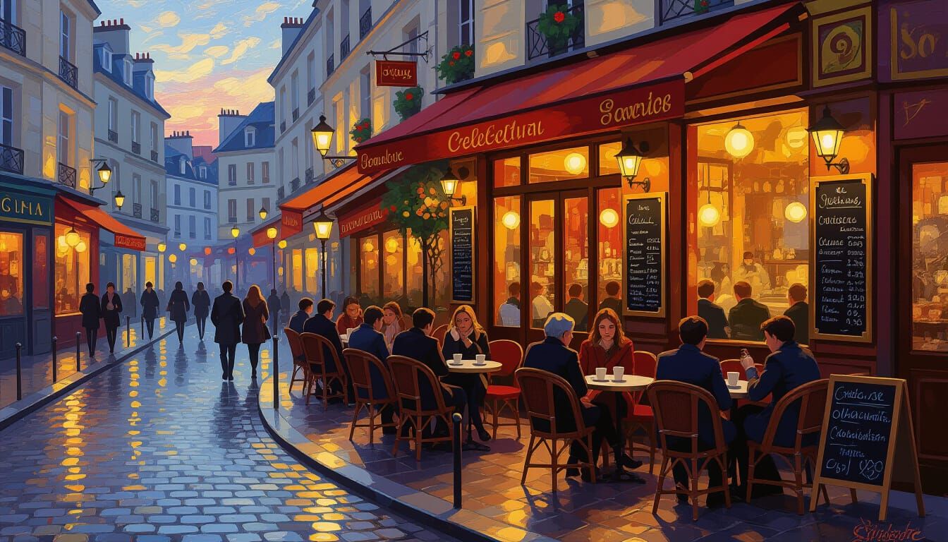 Bustling Parisian Cafe at Dusk in Neo-Impressionist Style