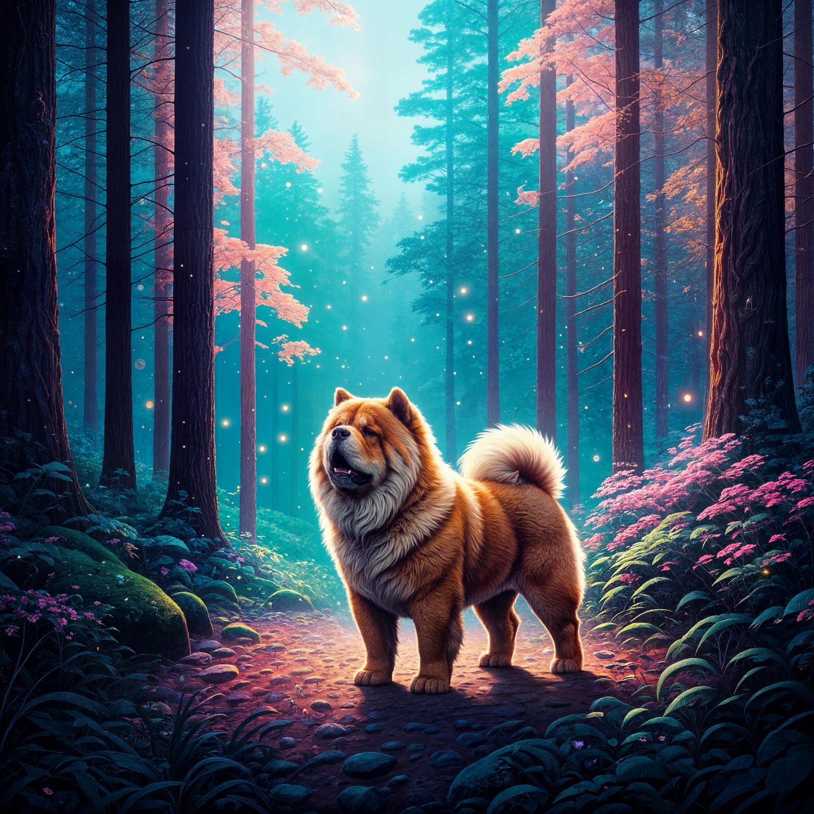 Chow Chow Howling in Magical Forest: Digital Art