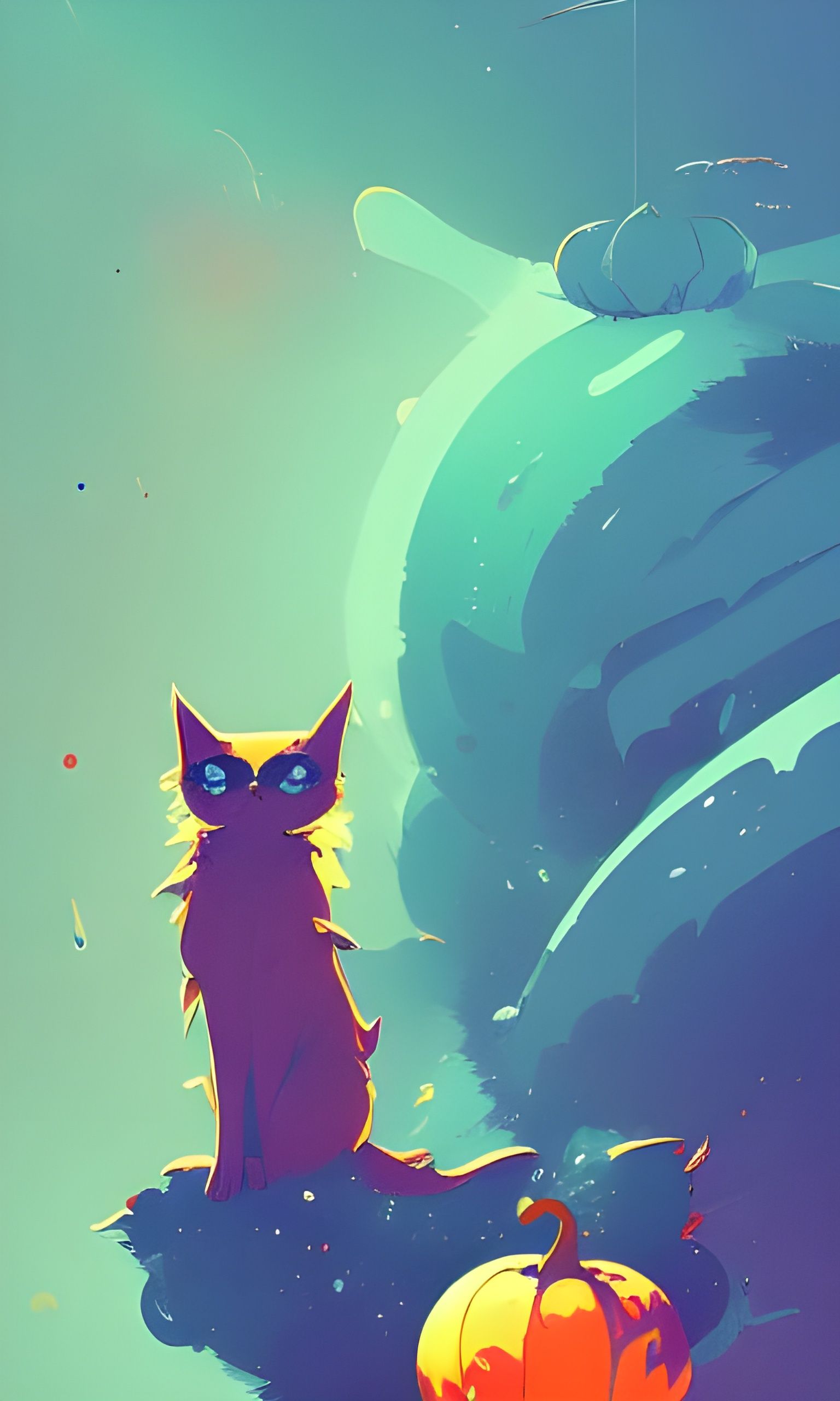 Cat in Space with Pumpkins and Ghosts