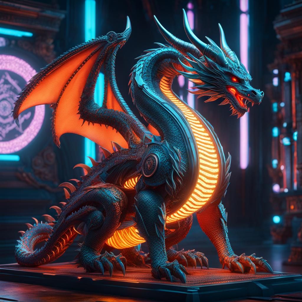 Biomechanical Runic Dragon in Sci-Fi Cityscape