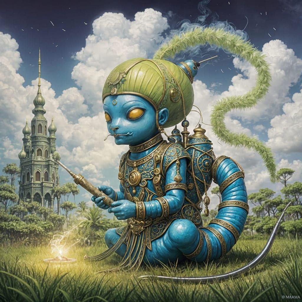 Surreal Blue Caterpillar Puffs Hookah in Whimsical Nature Sc...