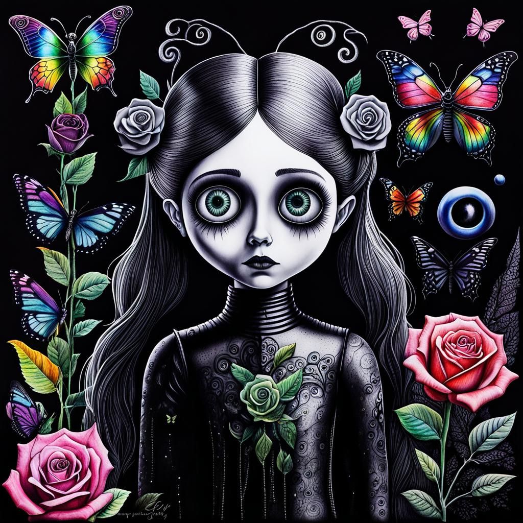 Surreal Crayon Drawing of a Goth Woman