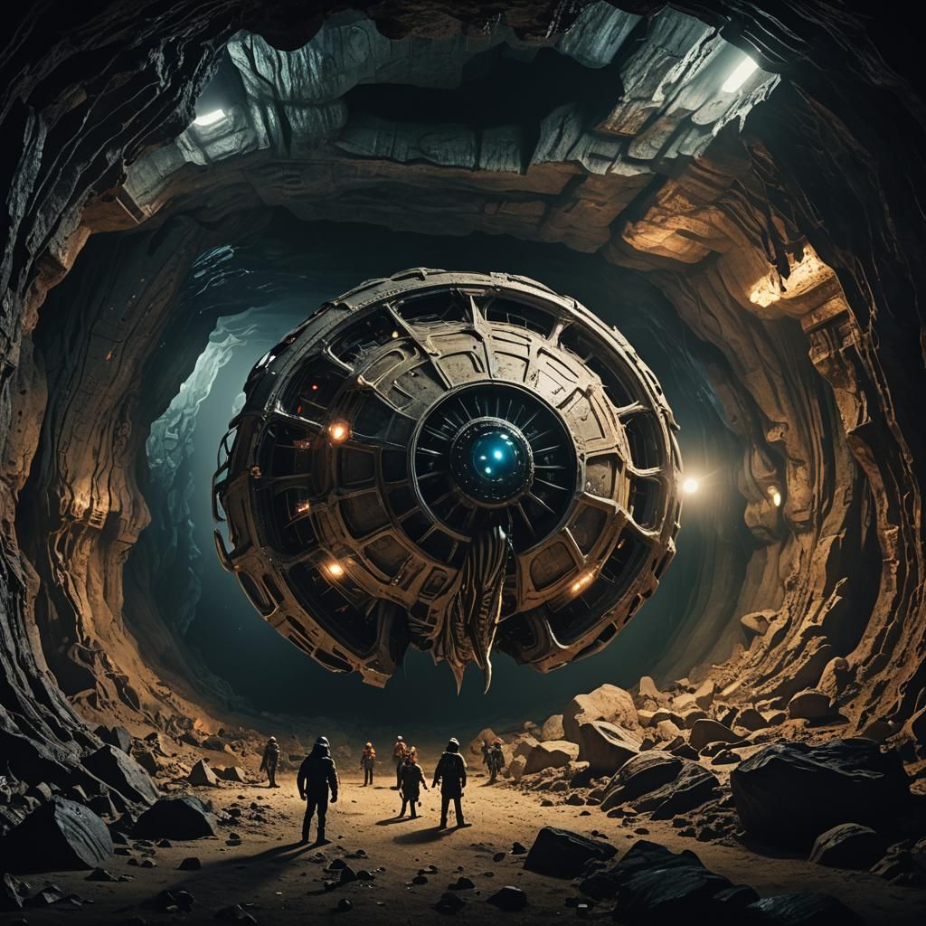 Organic Alien Spaceship in Dark Cavern: Cinematic Still