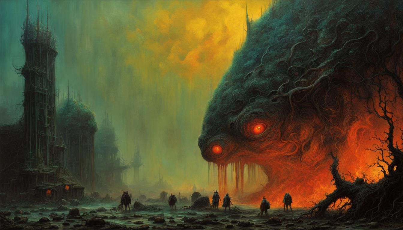 Bioluminescent Squid Monster in Dystopian Landscape