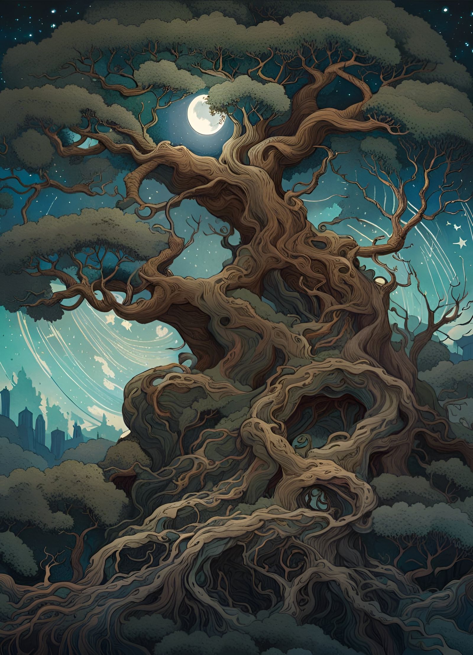 Ancient Tree Intertwined with Moonlit Sky