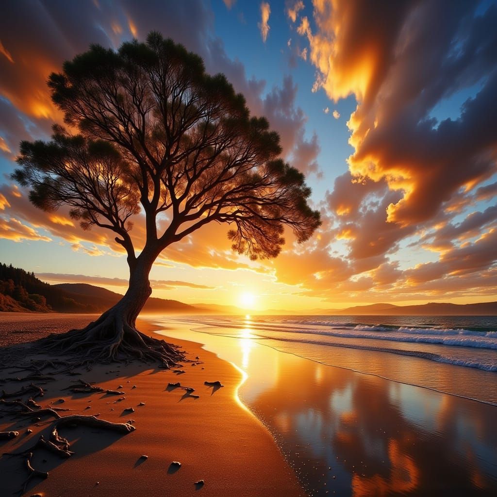Lone Banyan Tree on Tasman Beach at Sunset