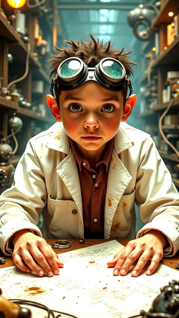 Futuristic Inventor in Industrial Steampunk Workshop