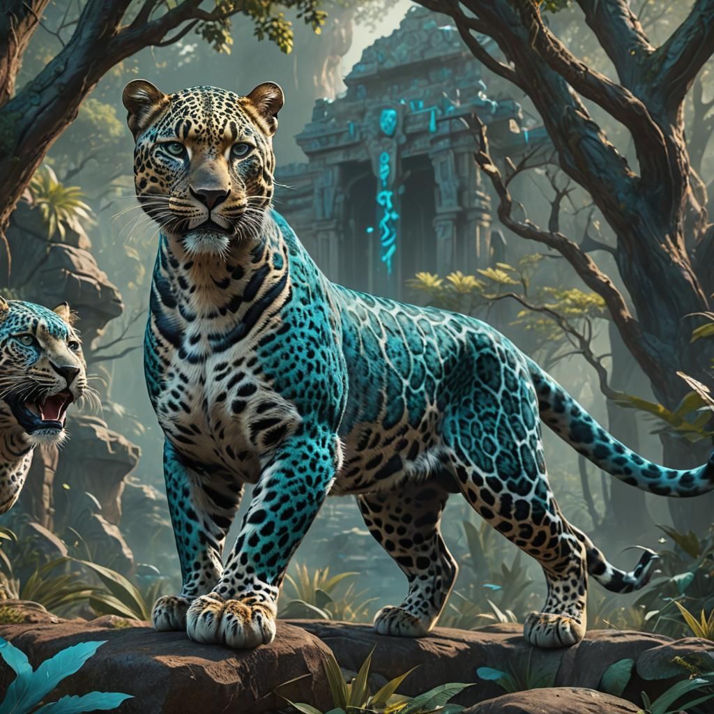 Cyan Warrior Leopard: Detailed Fantasy Concept Art
