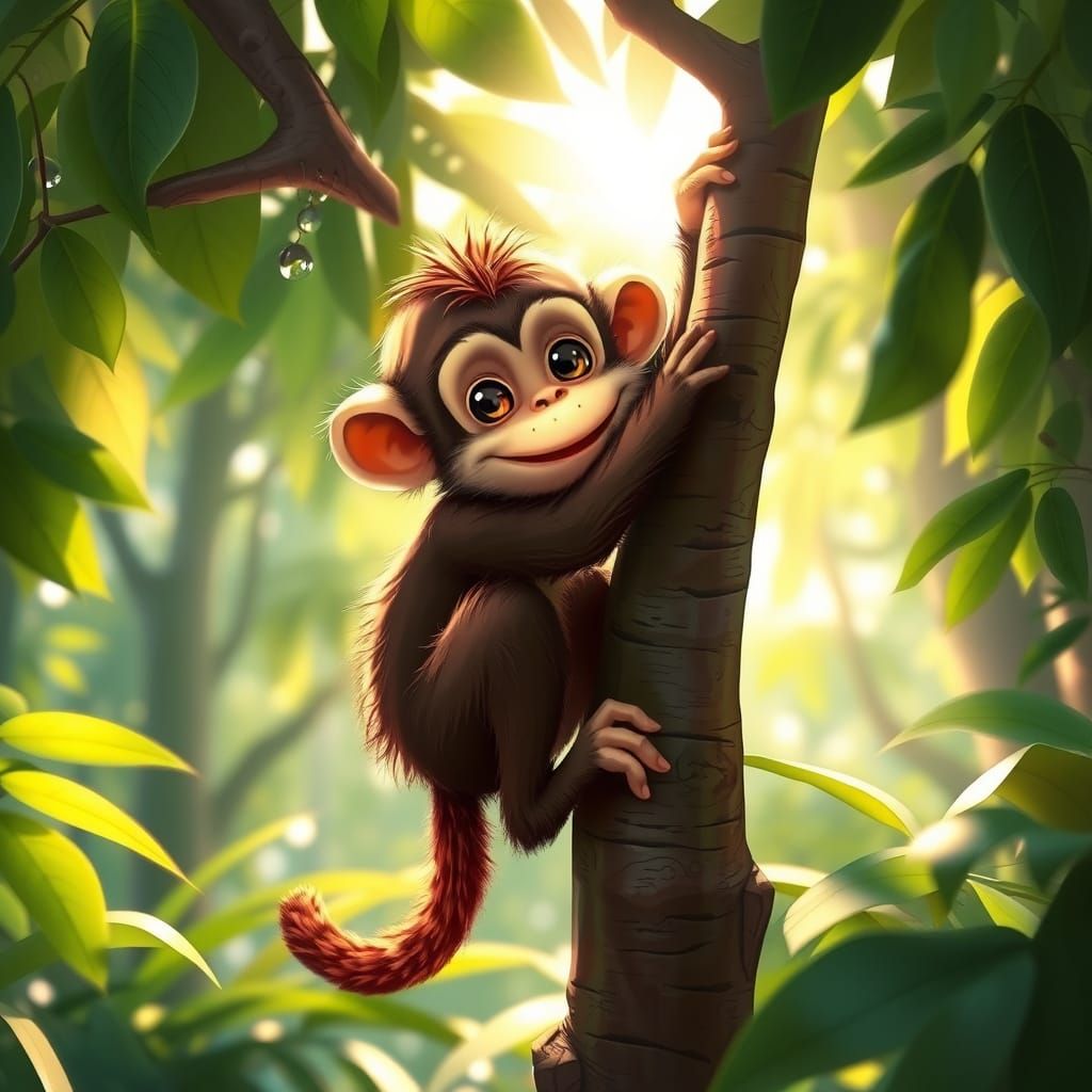 Cute Monkey Climbing Tree in Lush Jungle