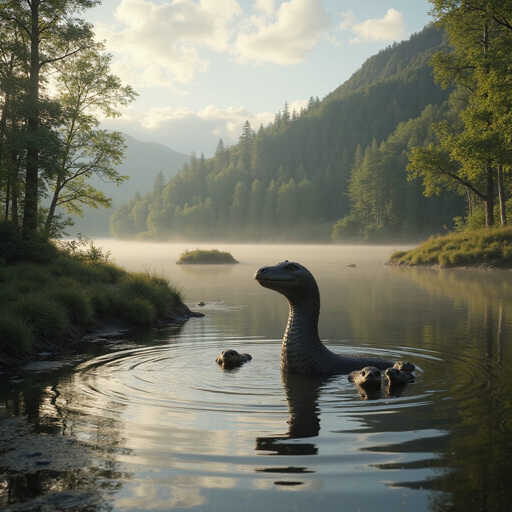 Loch Ness Monster and Otters in Golden Light