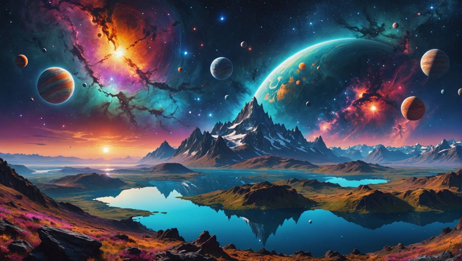 Magical Panorama Landscape with Nebulae and Planets