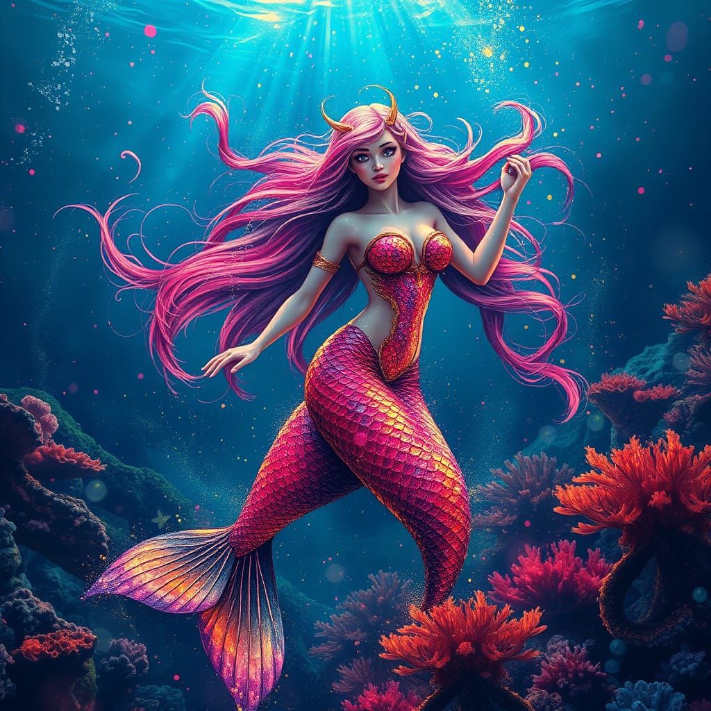 Majestic Mermaid in Vibrant, Glittering Scales, in Digital A...