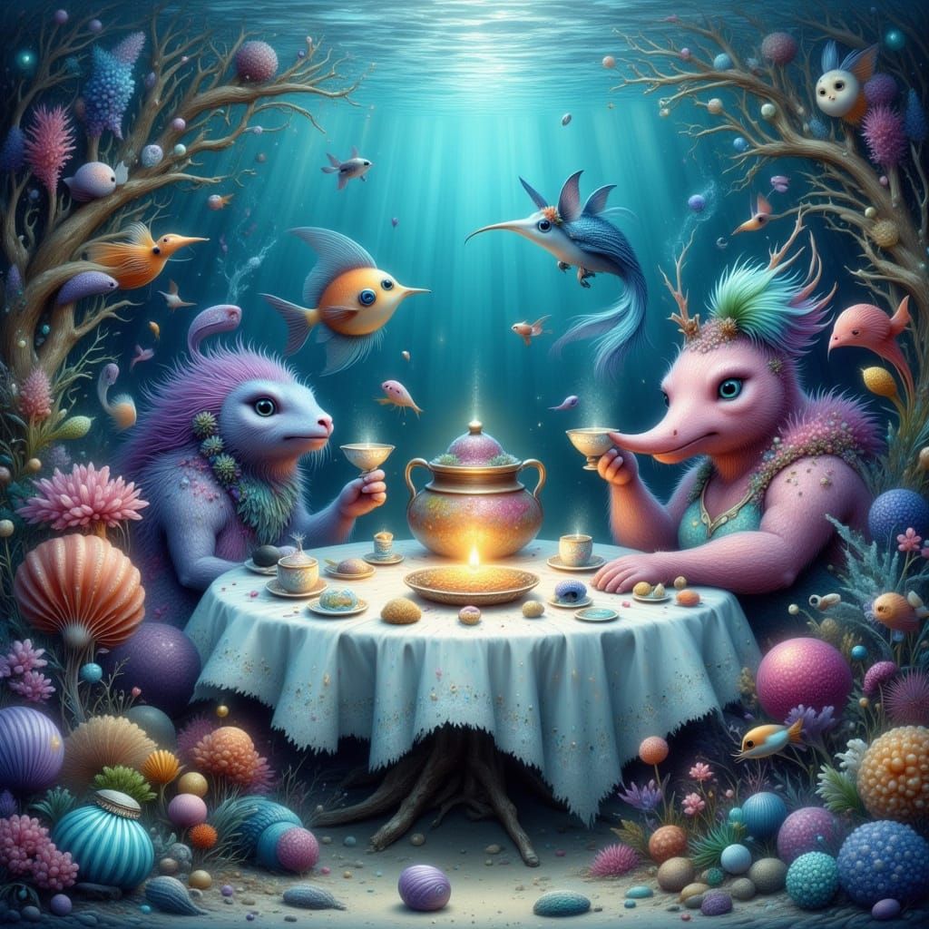 Surreal Underwater Tea Party in Children's Book Style