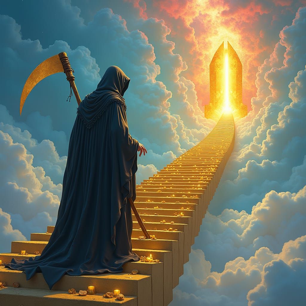 Grim Reaper Ascends Golden Stairway to Heaven