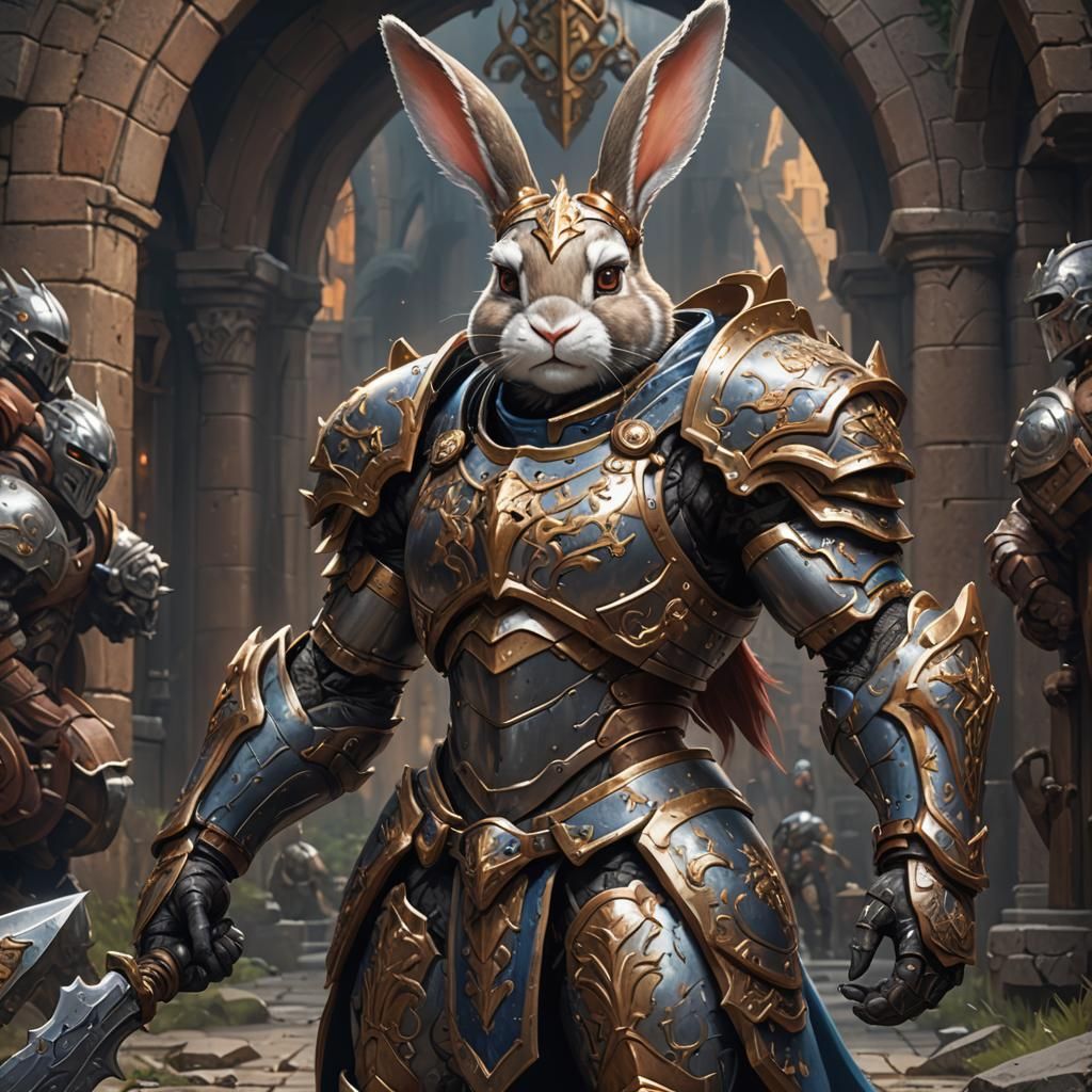 Armored Bunny Knight Portrait in Oil Painting Style