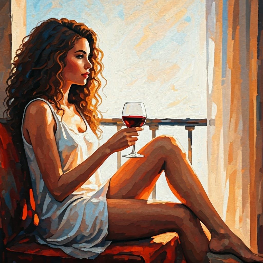 Woman on Balcony in Textured Oil Painting Style