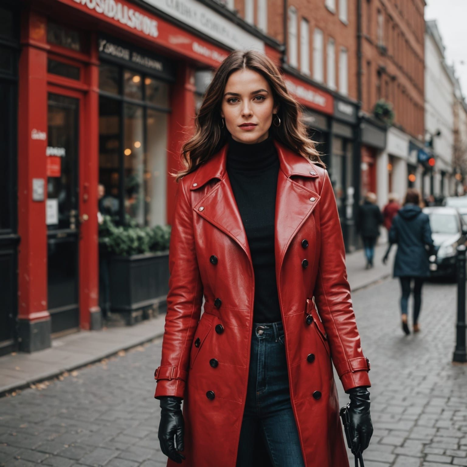 Woman in Red Leather Coat, Street Style Chic