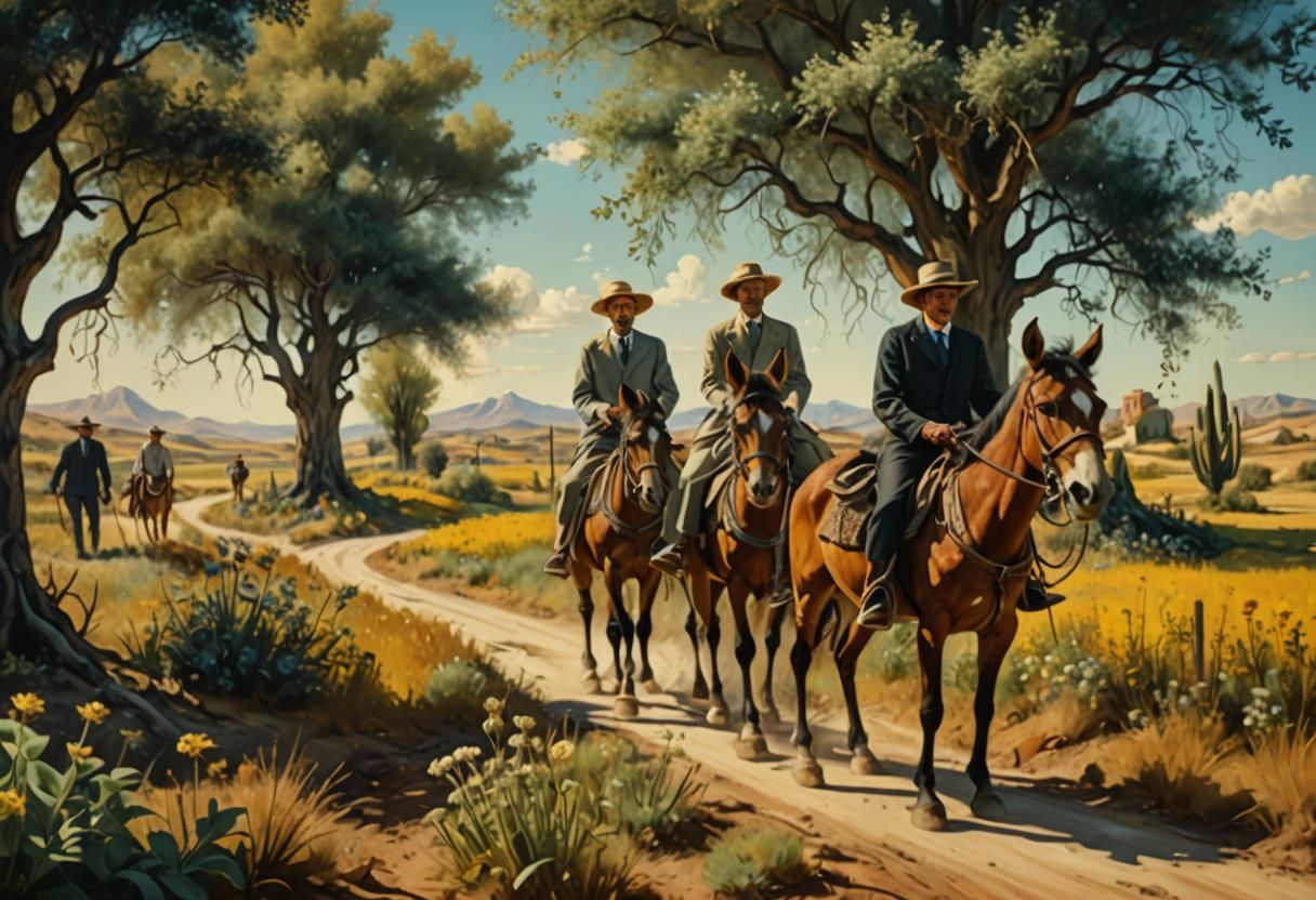 Surreal Villagers on Mule in Dreamlike Landscape