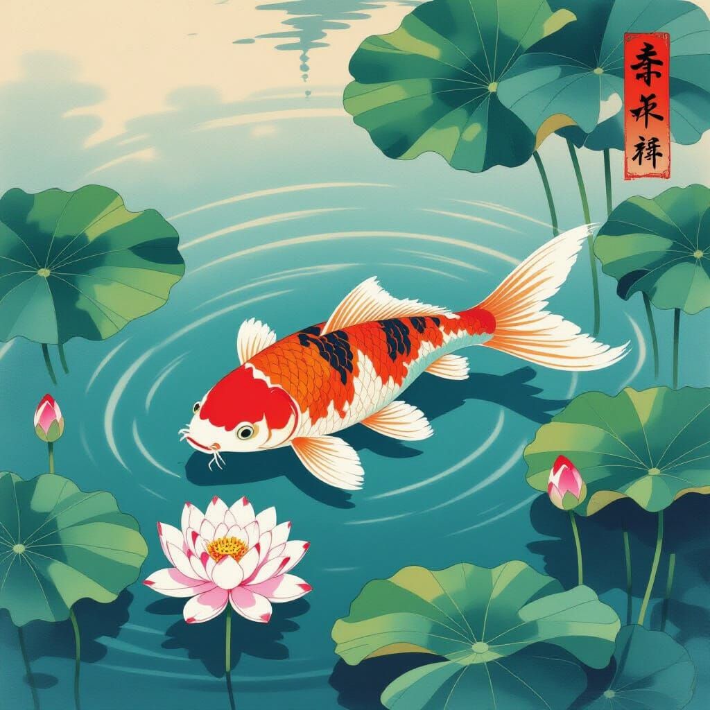 Ukiyo-e Carp in Ancient Lotus Pond