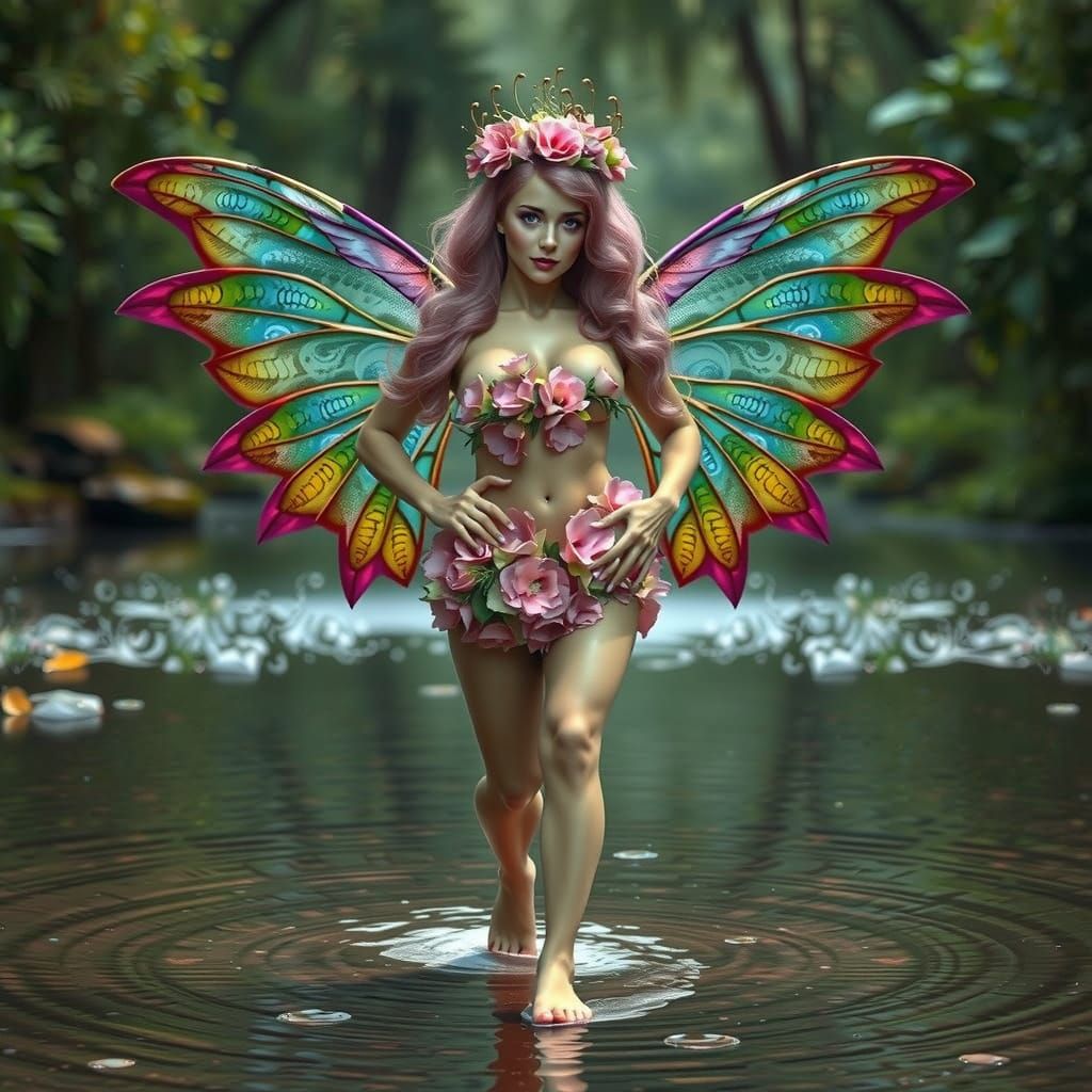 Green Fae Queen Walks on Water: Hyperrealistic Pin-Up