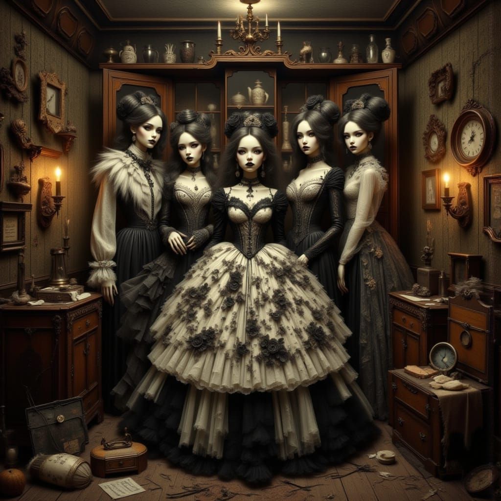 Eerie Dolls in Cabinet: Mystical Dreamlike Scene