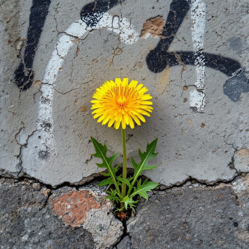 Dandelion Blooms in Concrete Crack: Photorealistic Still Lif...