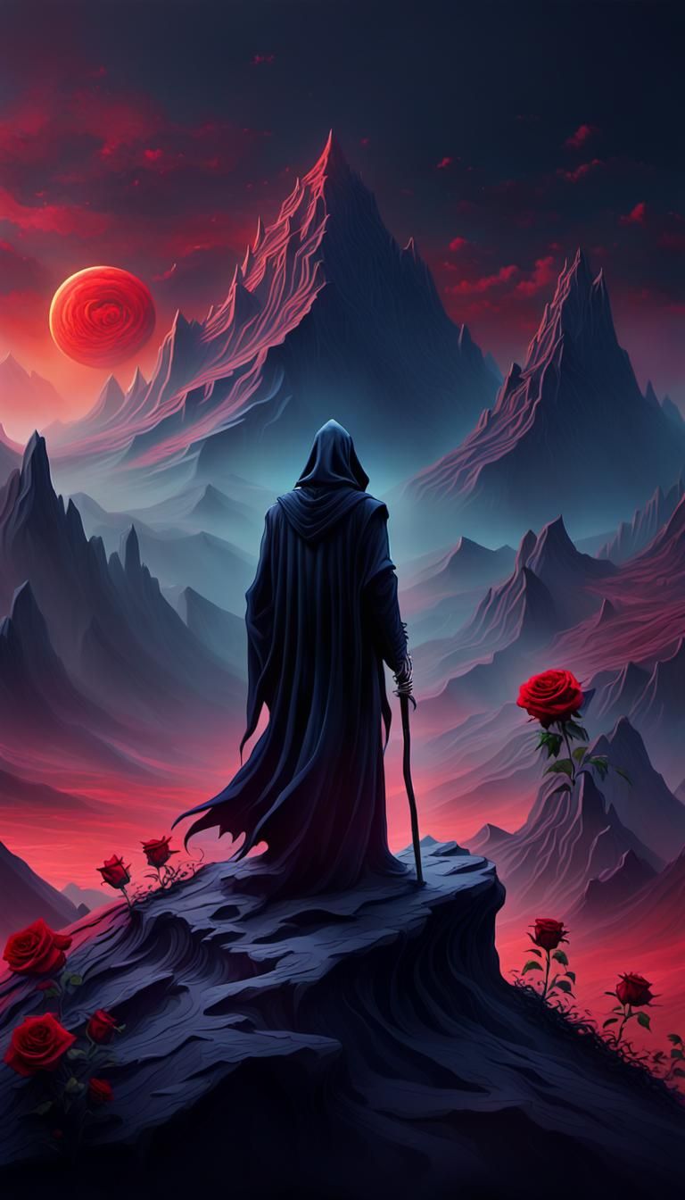 Whimsical Wind art medium shot dreamy etheral style dark fantasy Grim reaper Rose in mountain crimson red black and gold...