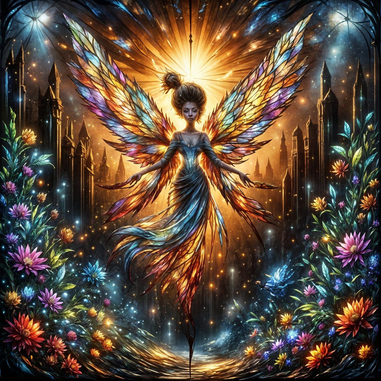 Stained Glass Fairy Gliding at Sunset