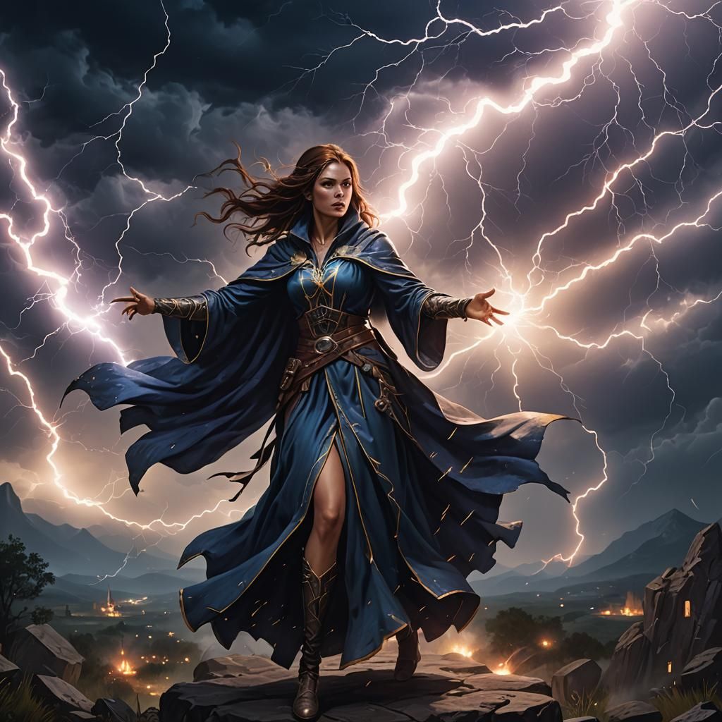 Sorceress Casting Lightning at Night