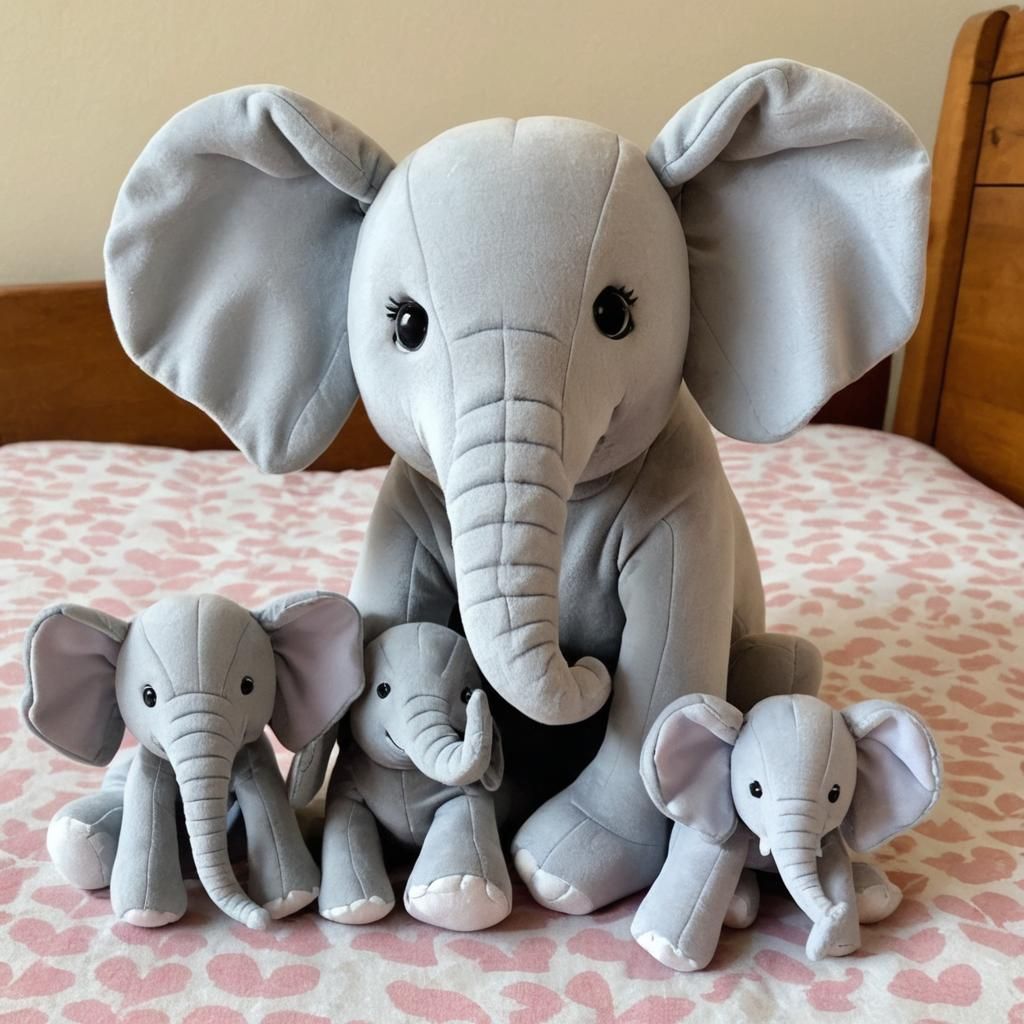 Tiny Plush Elephant Mother and Twins Under Bed