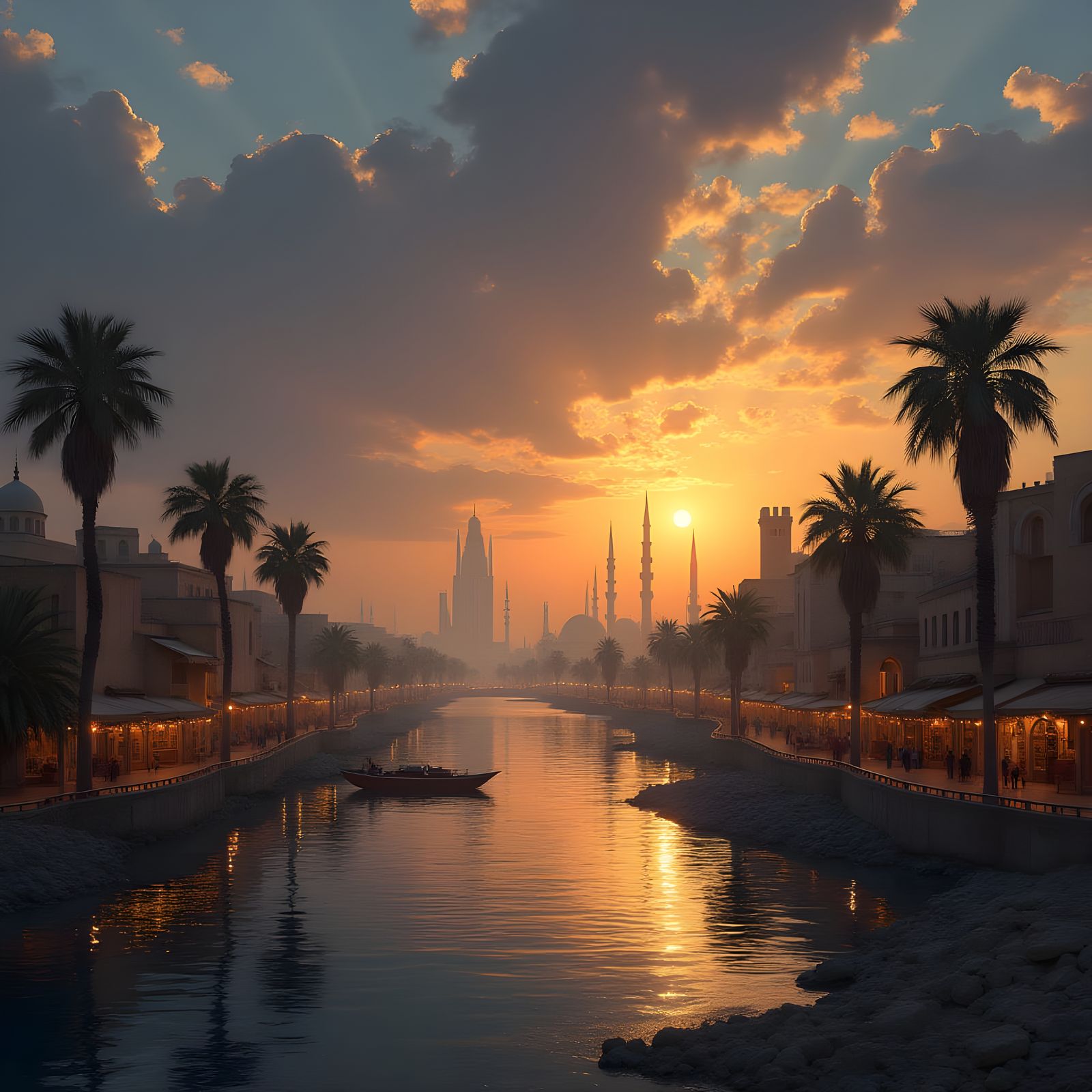Serene Islamic City at Sunset on the Edge of a Tranquil Lake