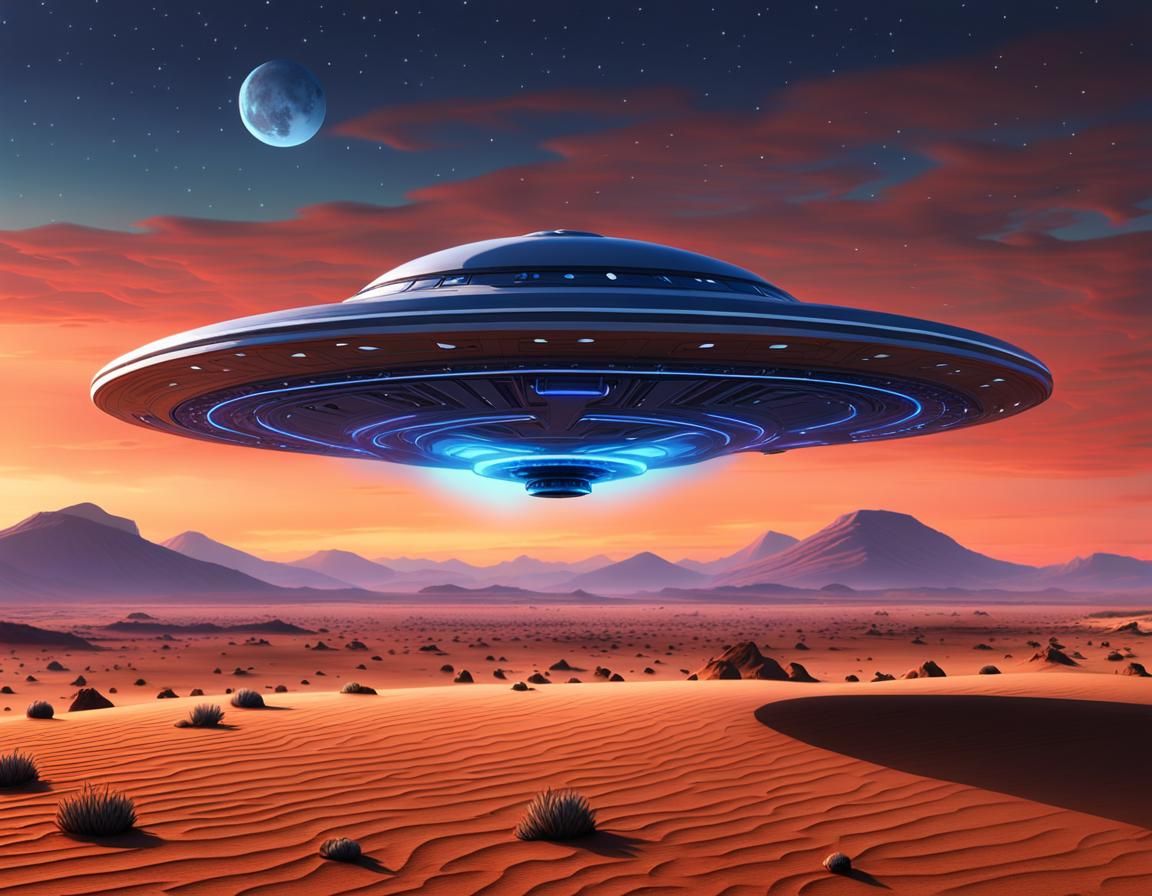 Pleiadian UFO in Desert Twilight: a Syd Mead Concept