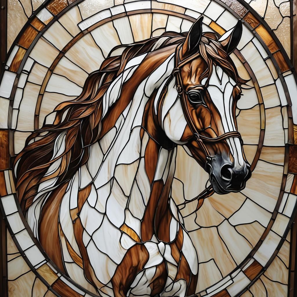 Stained Glass Art of a Brown and White Horse