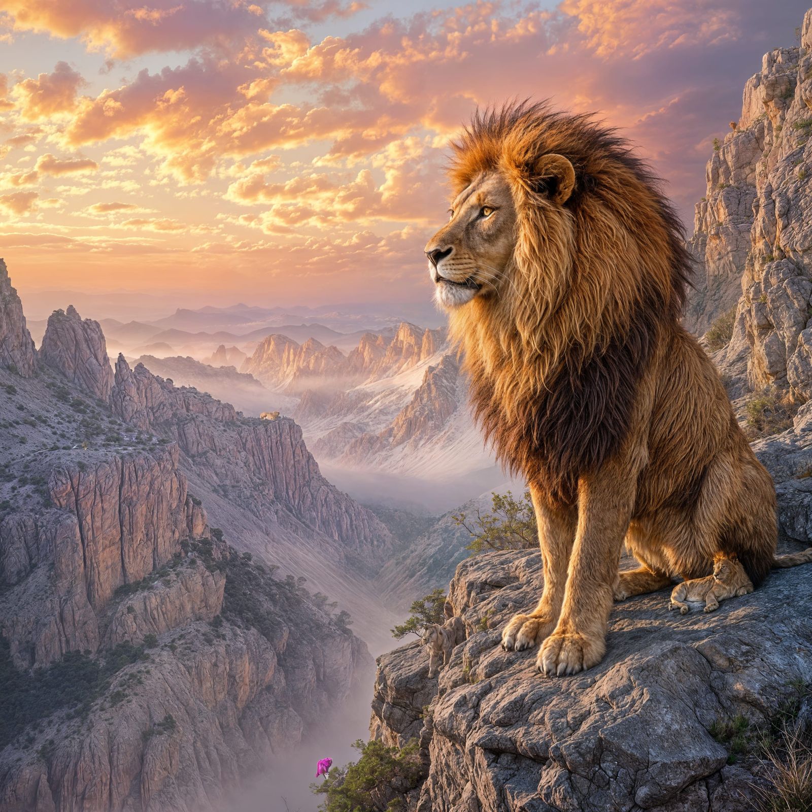 Majestic Lion on Rocky Cliff at Sunrise