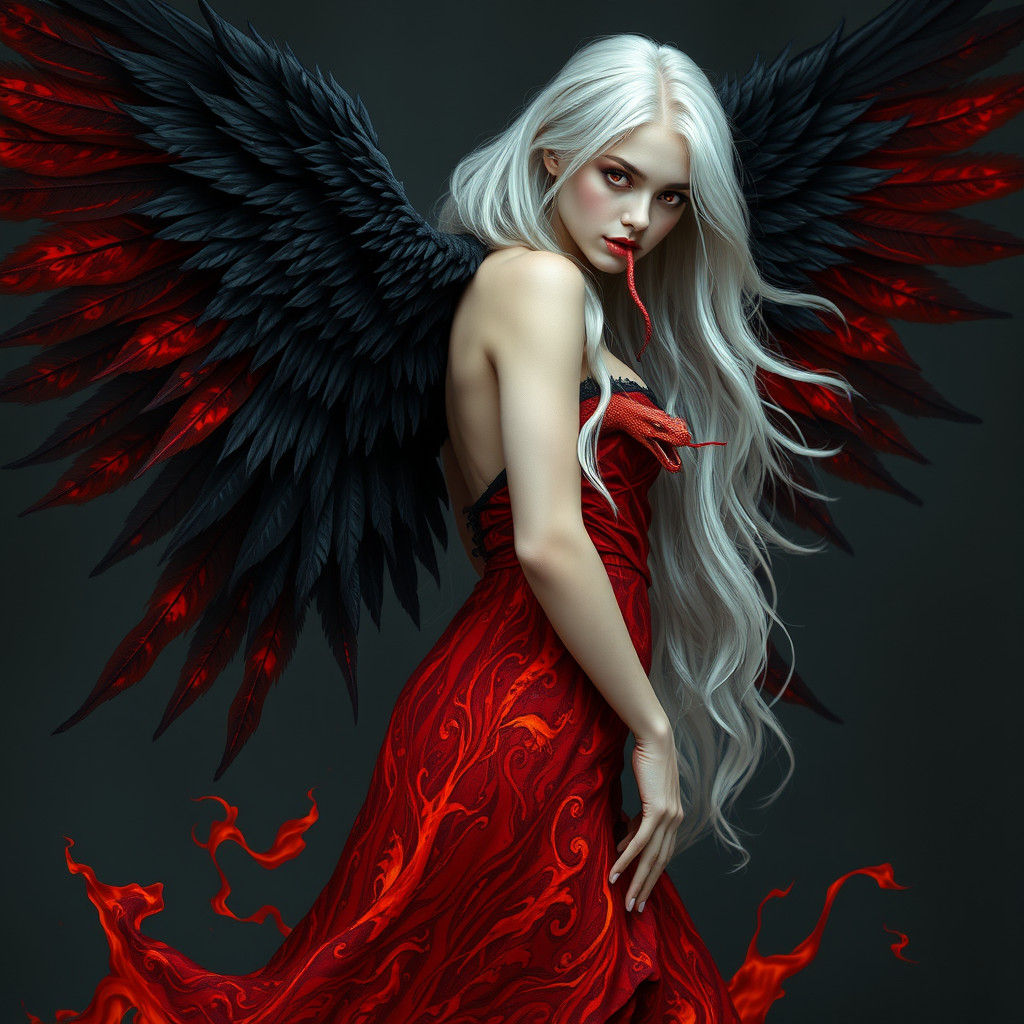 Lava Dress: Woman with White Hair and Black Wings