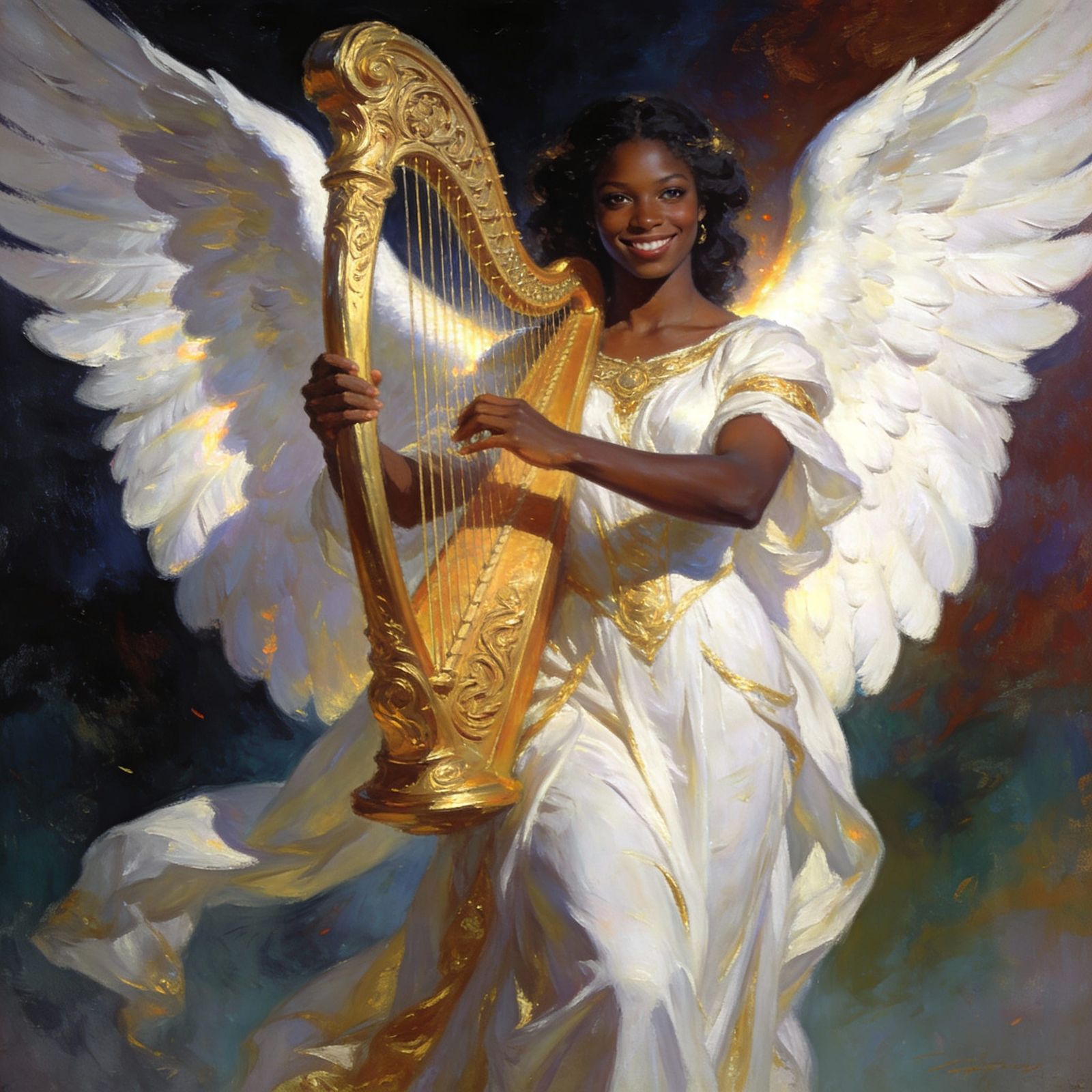 African American Angel Strums Golden Lyre in Ethereal Light