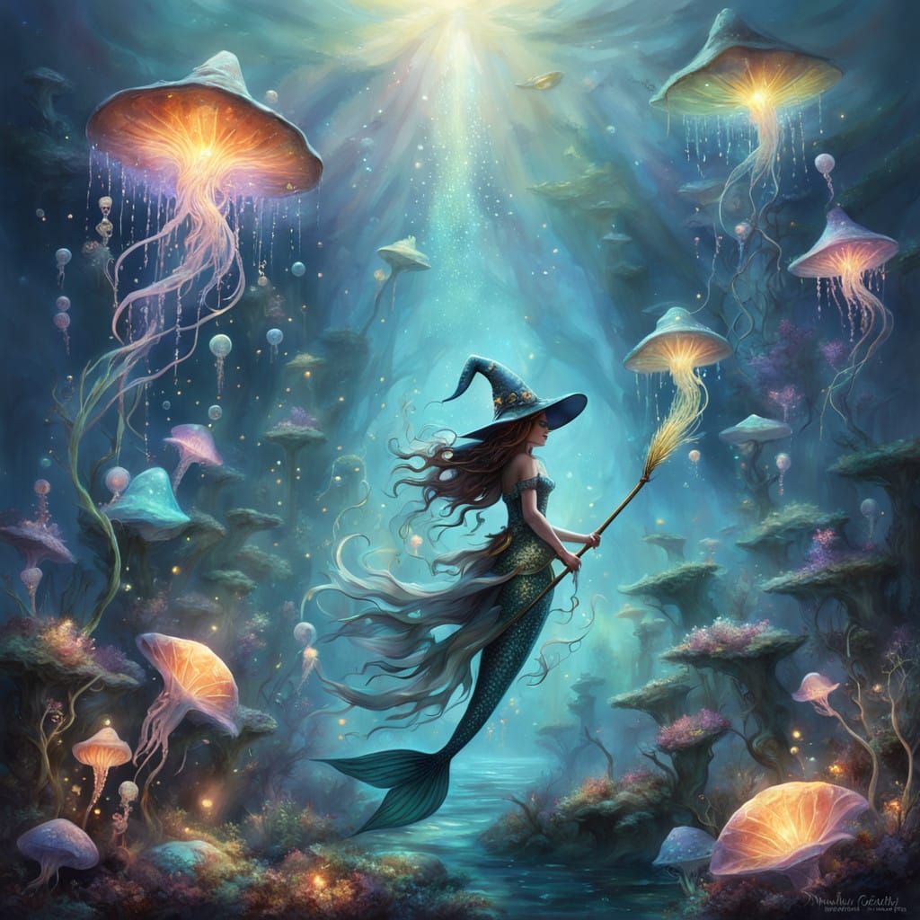 Whimsical Mermaid Witch in Underwater Dreamscape