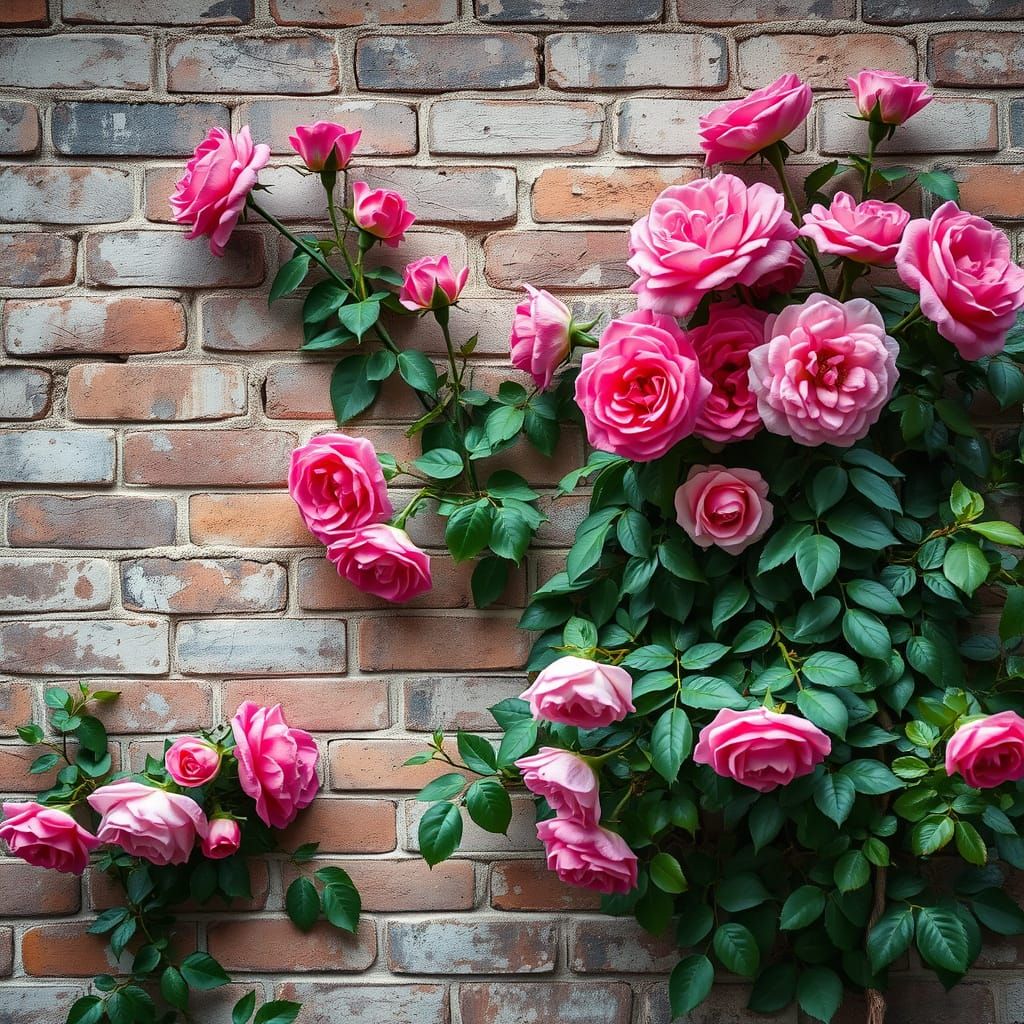 Vintage Brick Wall with Roses as Impressionist Painting