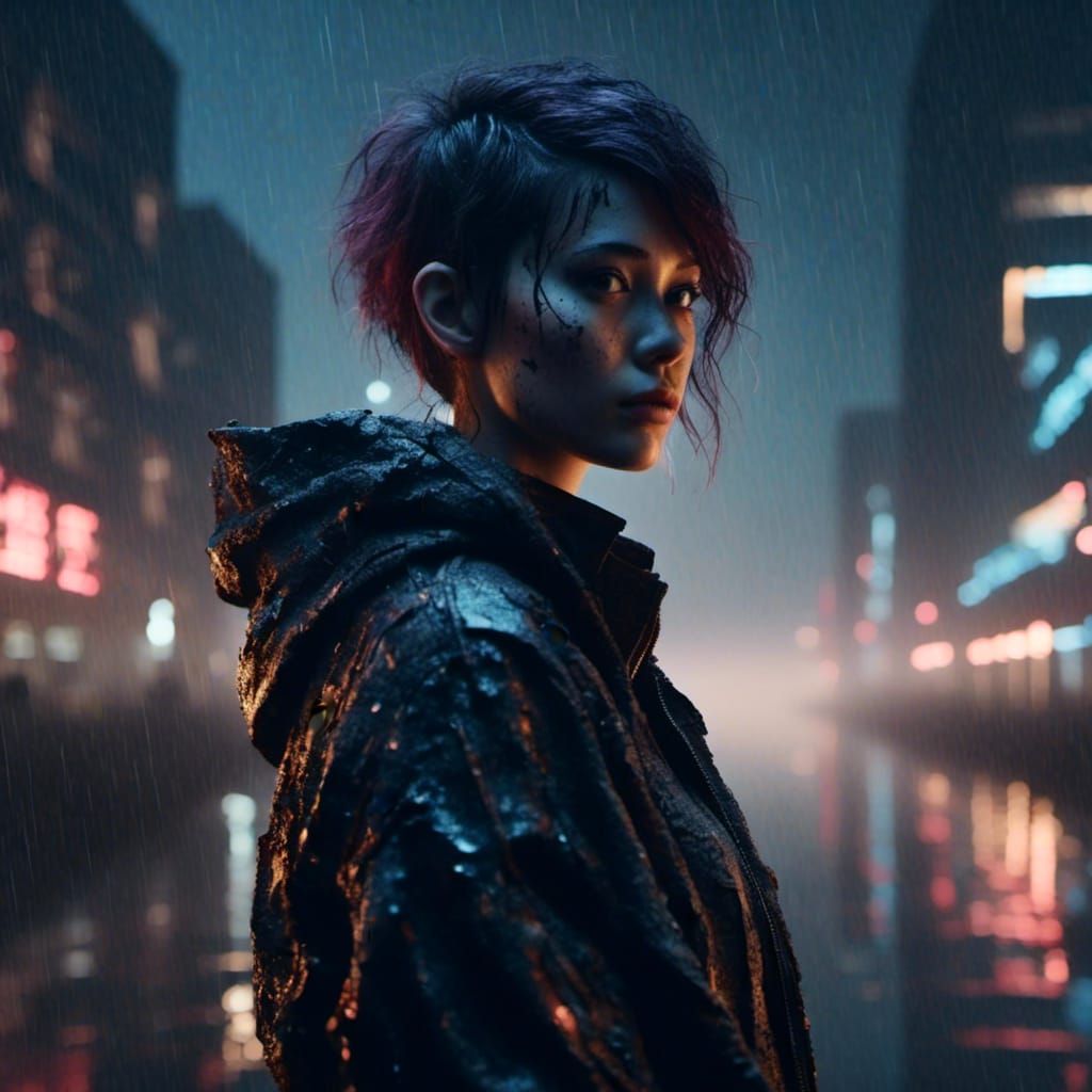 Cyberpunk Female Protagonist in Rainy Cityscape
