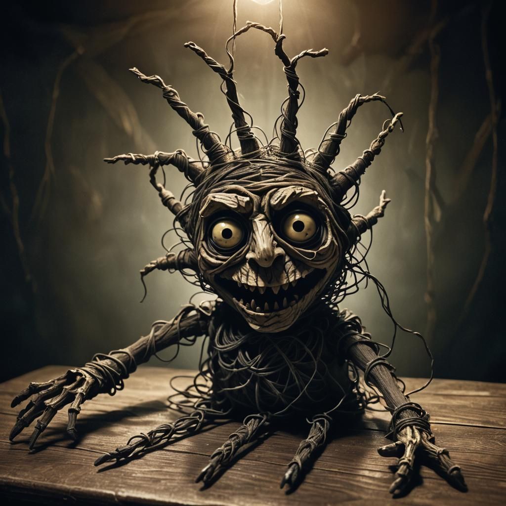 Eerie Dark Fantasy Puppet on Wooden Table