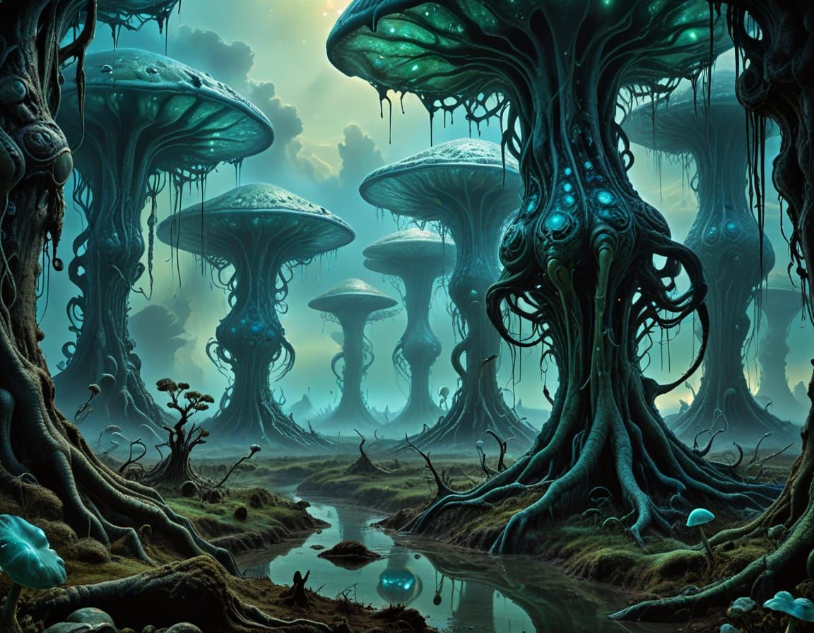 Surreal Landscape of Twisted, Bioluminescent Forms