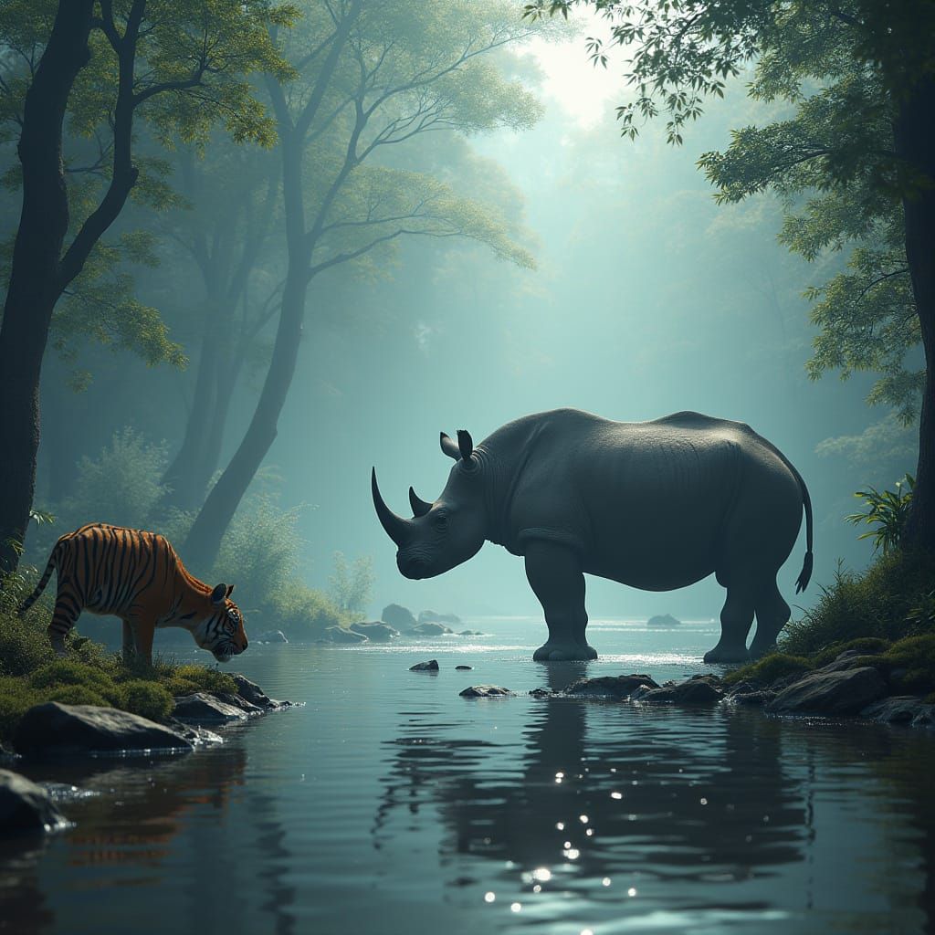 Majestic Indian Rhinoceros in Epic Jungle River Scene