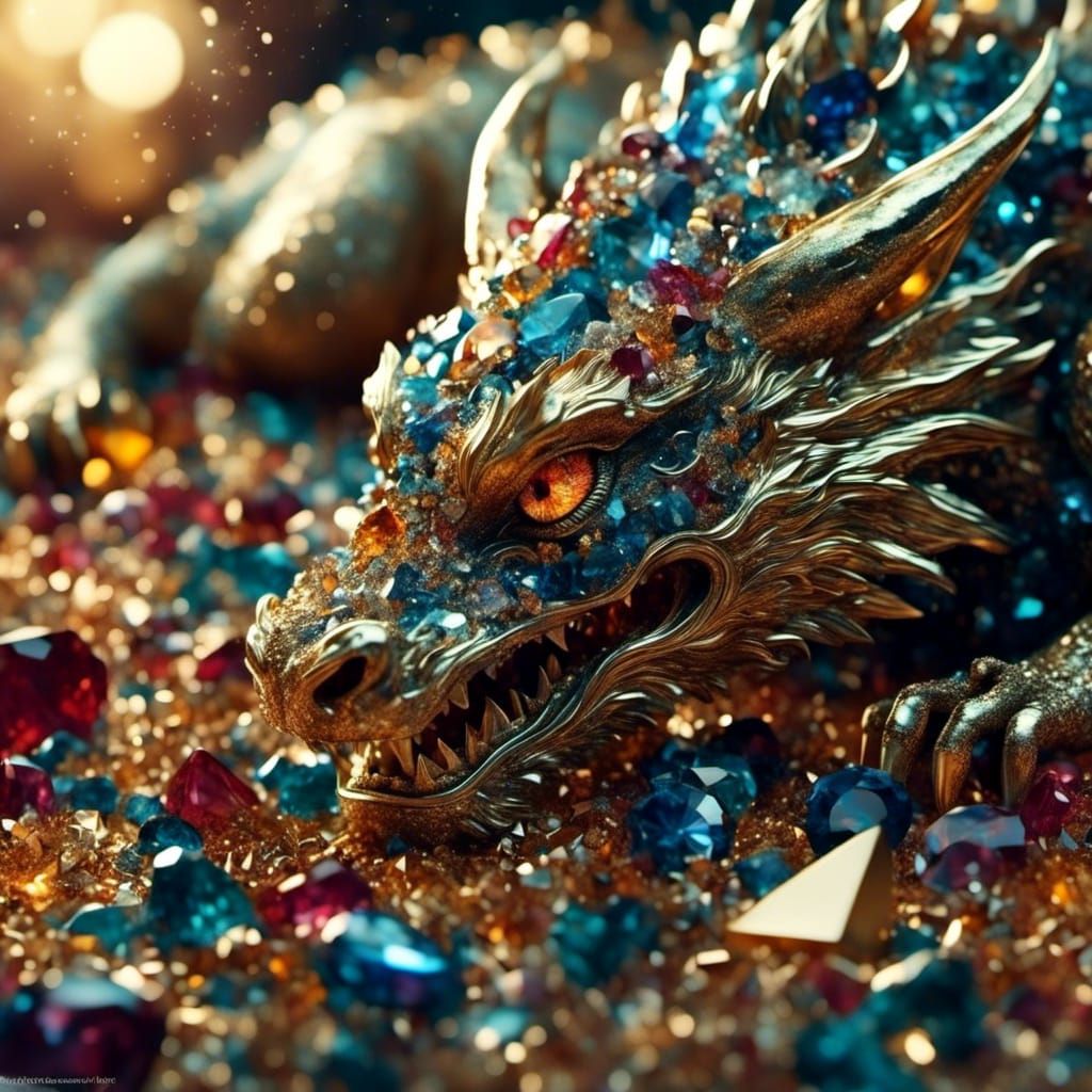 Little Dragon on Gemstones in Golden Light
