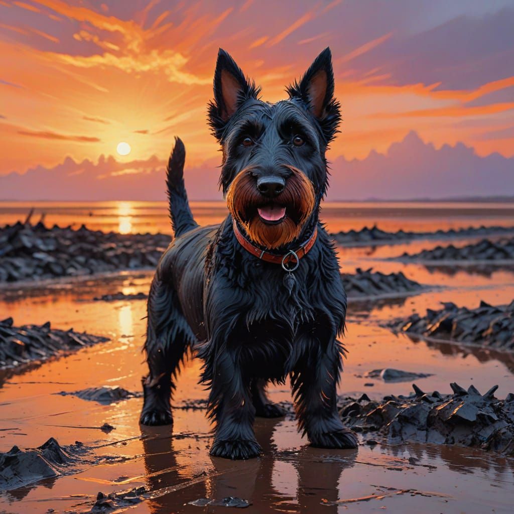 Vibrant Sunset Landscape with a Scruffy Scottish Terrier
