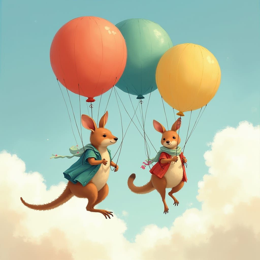 Australian Animals on Balloons: Miyazaki-Inspired Whimsy