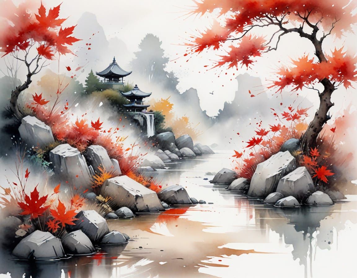 Zen Garden with Red Maple Leaves in Watercolour Style