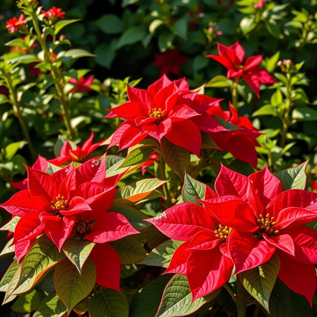 Garden of Vibrant Poinsettias in Warm Sunlight