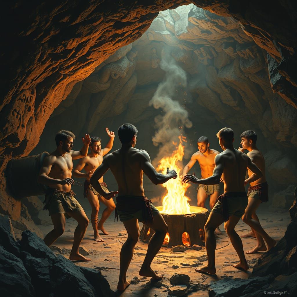 Hidden Cave Bonfire Dance in Hyperrealistic Style