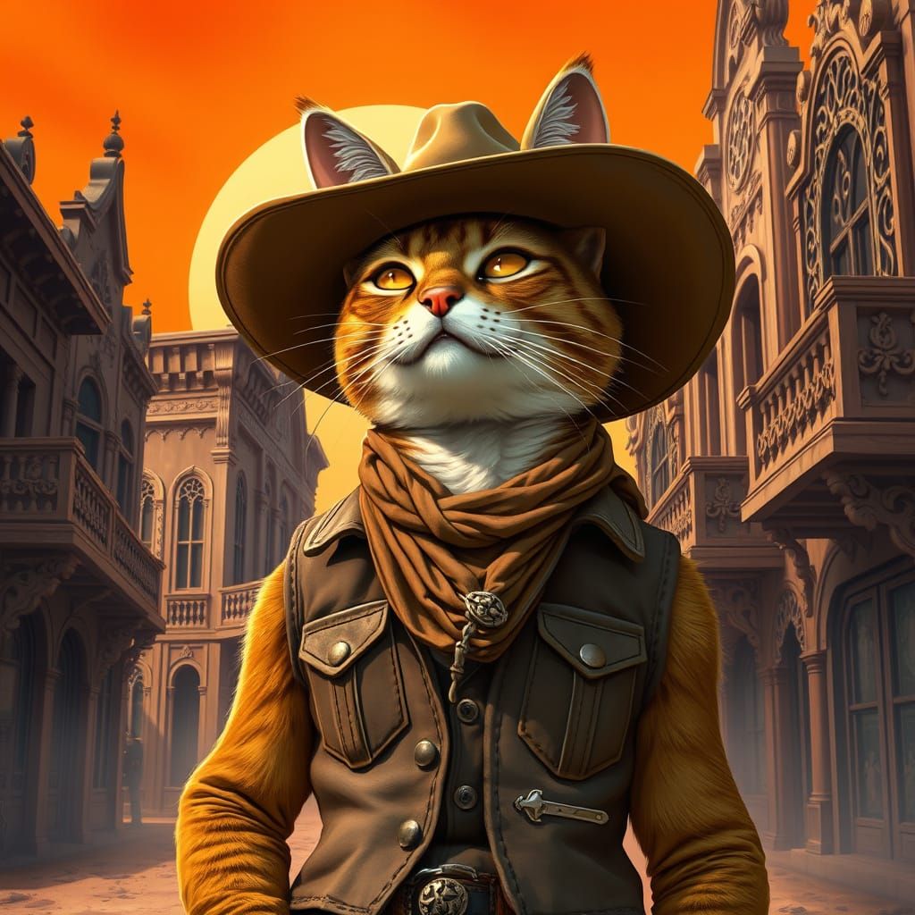 Cat Cowboy in Art Nouveau Street, Hyperrealism