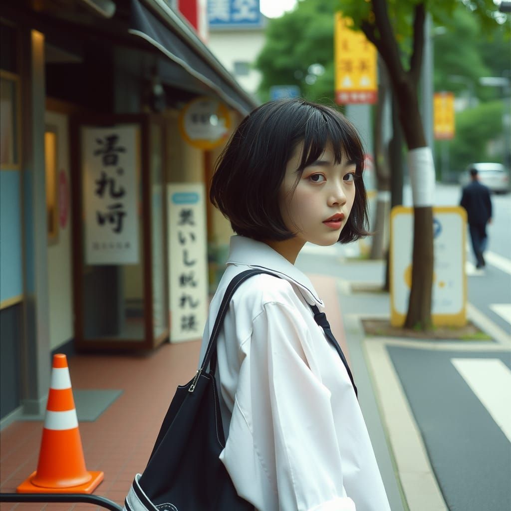 Tokyo Schoolgirl with Dacia Car in Lomo Film Style